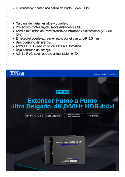 Kit Extensor HDMI para distancias de 70 metros / Resolución 4K x 2K@ 60 Hz/ Cat 6, 6a y 7 / IPCOLOR / CERO LATENCIA / SIN COMPRIMIR / Salida Loop / Control IR  / Salida de audio de 3.5mm / PoC