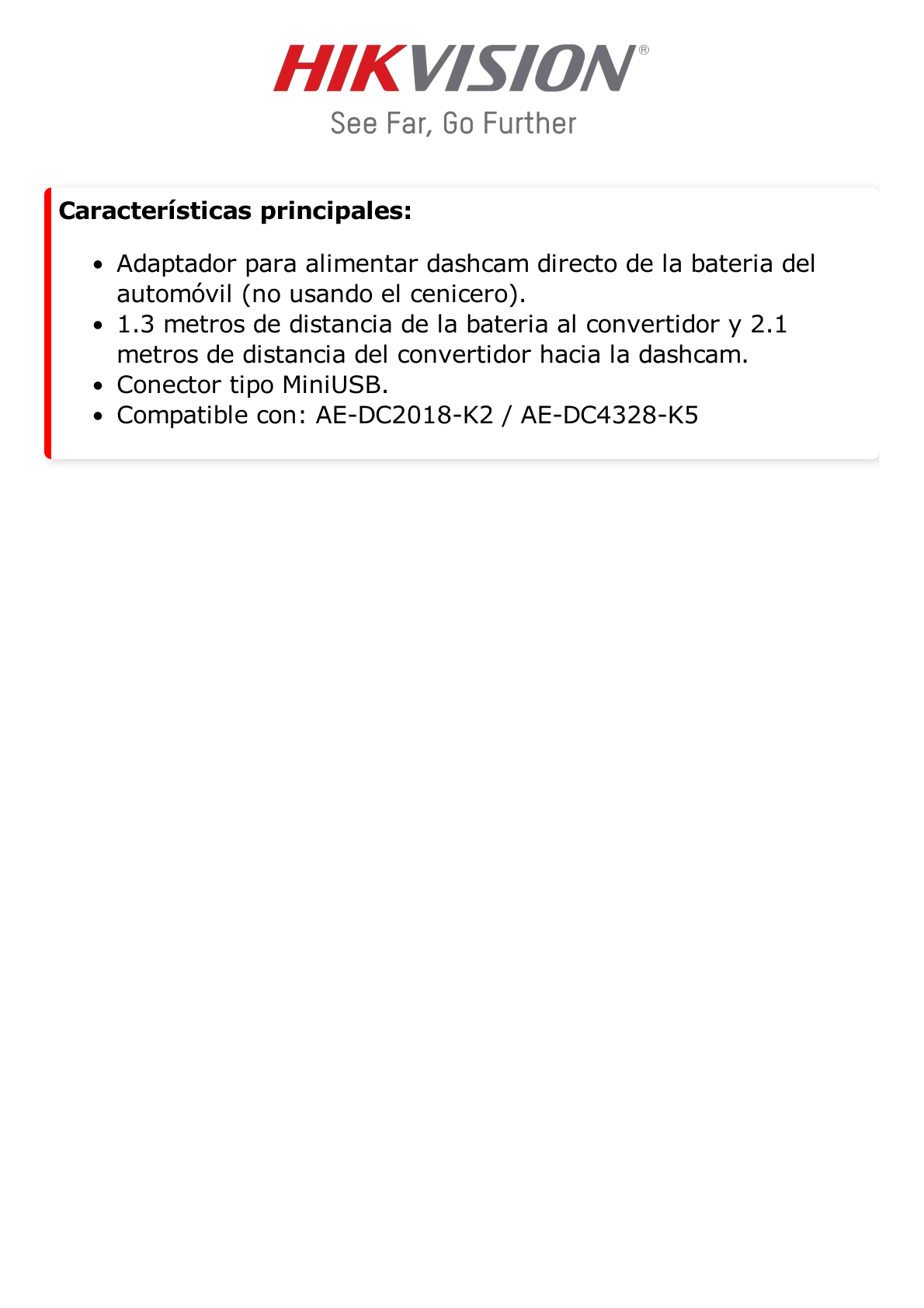 Adaptador para Alimentar Dahscam Directo de la Bateria del Automovil / Compatible con AE-DC2018-K2 / AE-DC4328-K5