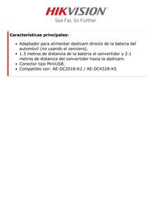 Adaptador para Alimentar Dahscam Directo de la Bateria del Automovil / Compatible con AE-DC2018-K2 / AE-DC4328-K5