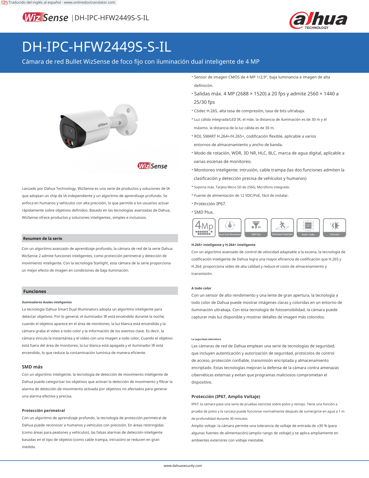 Camara Dahua DH-IPC-HFW2449S-S-IL IP bullet 4 mpx lente 2.8 mm IR 30 m exterior metal audio ranura microsd IP67