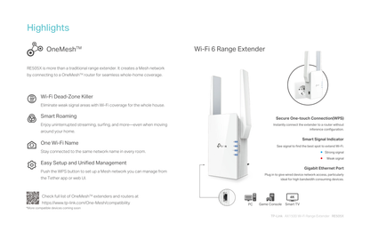 Extensor de rango inalámbrico TP-Link RE505X Wi-Fi 6 AX1500 OneMesh 1 puerto RJ45 gigabit 2 antenas externas