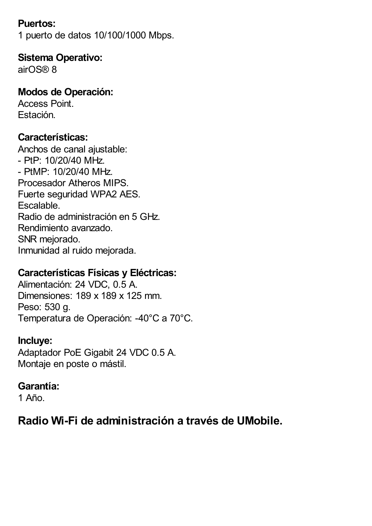 NanoBeam airMAX AC CPE hasta 330 Mbps, 2 GHz (2412 - 2472 MHz) con antena integrada de 13 dBi