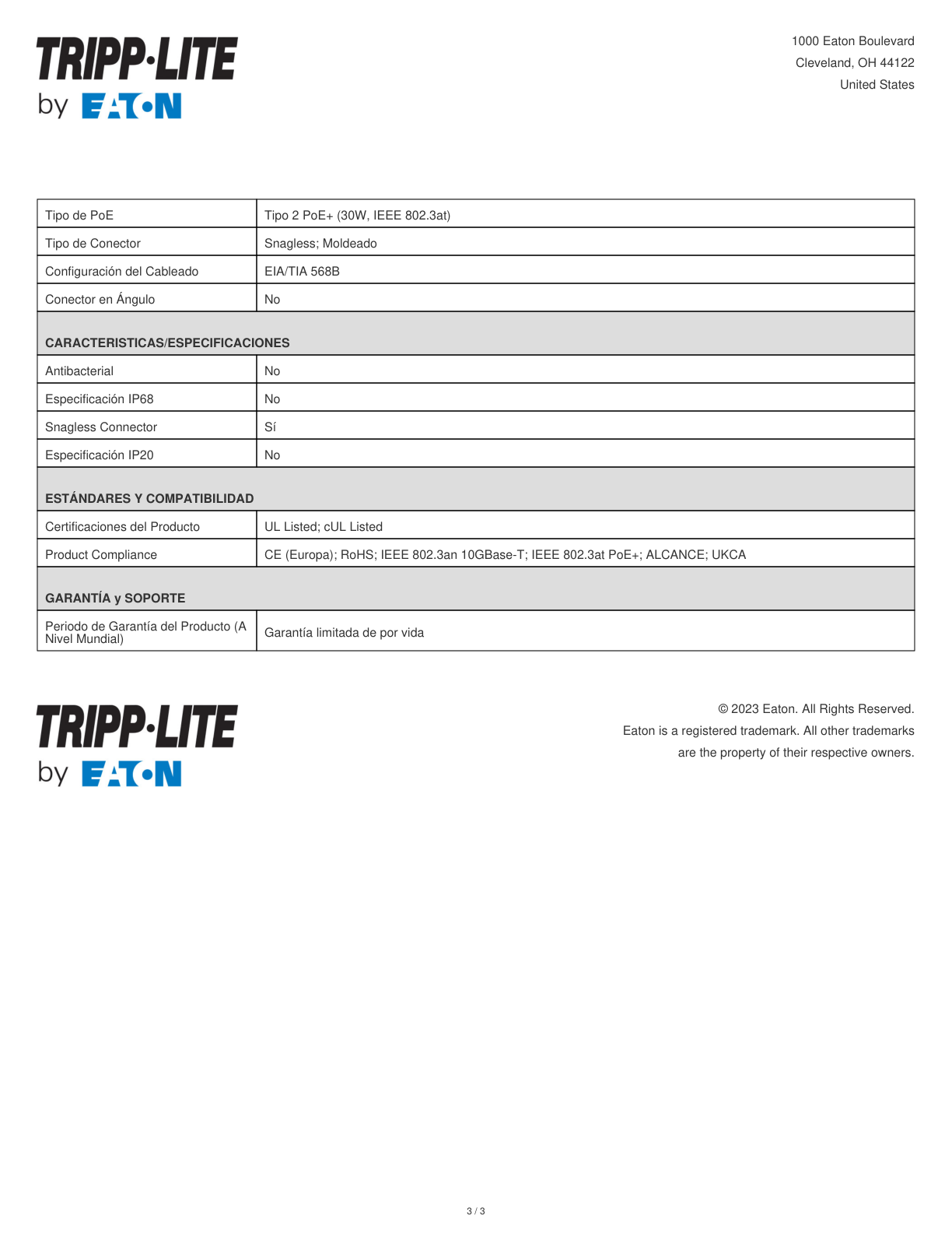 Cable patch UTP TrippLite N201-002-BK CAT 6 negro 0.61 m (2 pies) gigabit PoE RJ45 M/M Moldeado Snagless