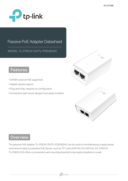 Adaptador PoE Pasivo TP-Link TL-POE2412G 12W (max 24VDC) 2 puertos RJ45 gigabit plug and play con base para montaje en pared