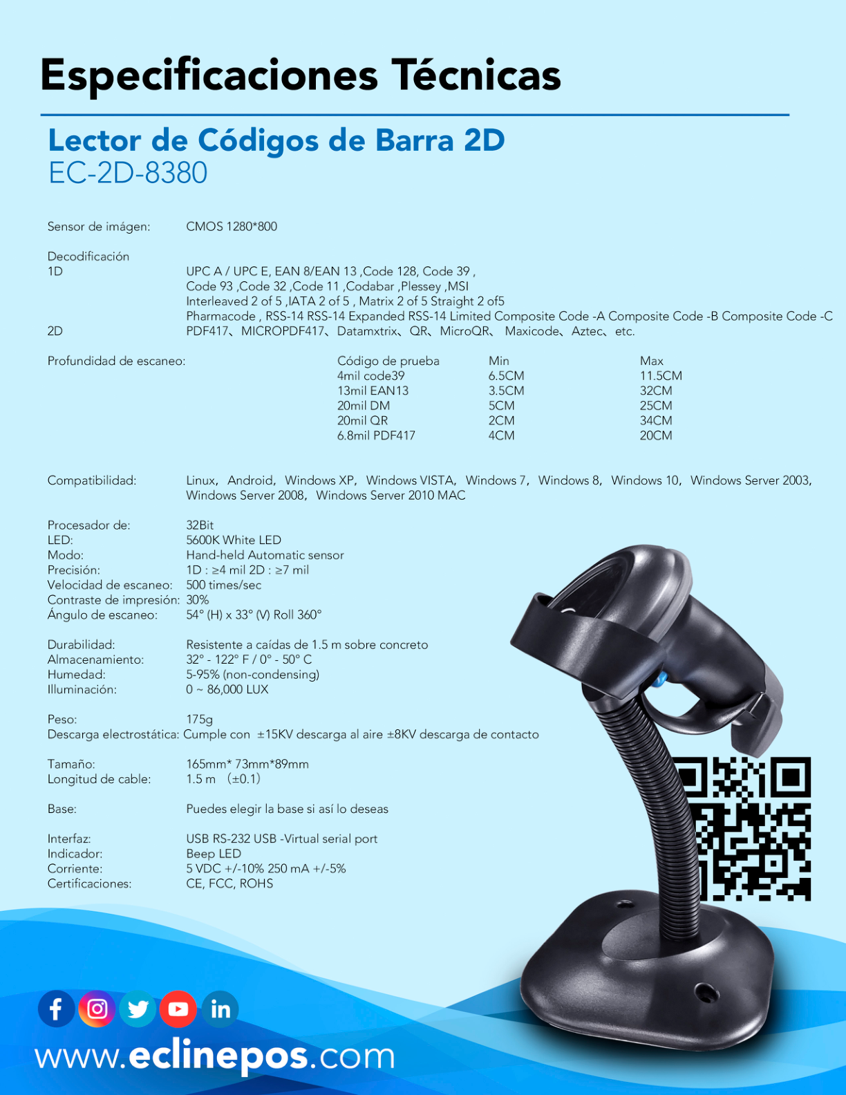 Lector de Código de Barras EC Line 2D-8380 1D 2D USB Incluye Cable y Base