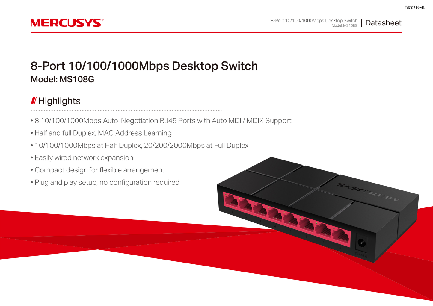 Switch Mercusys MS108G de escritorio 8 puetos gigabit 10/10/1000M no administrable plug and play carcasa de plástico