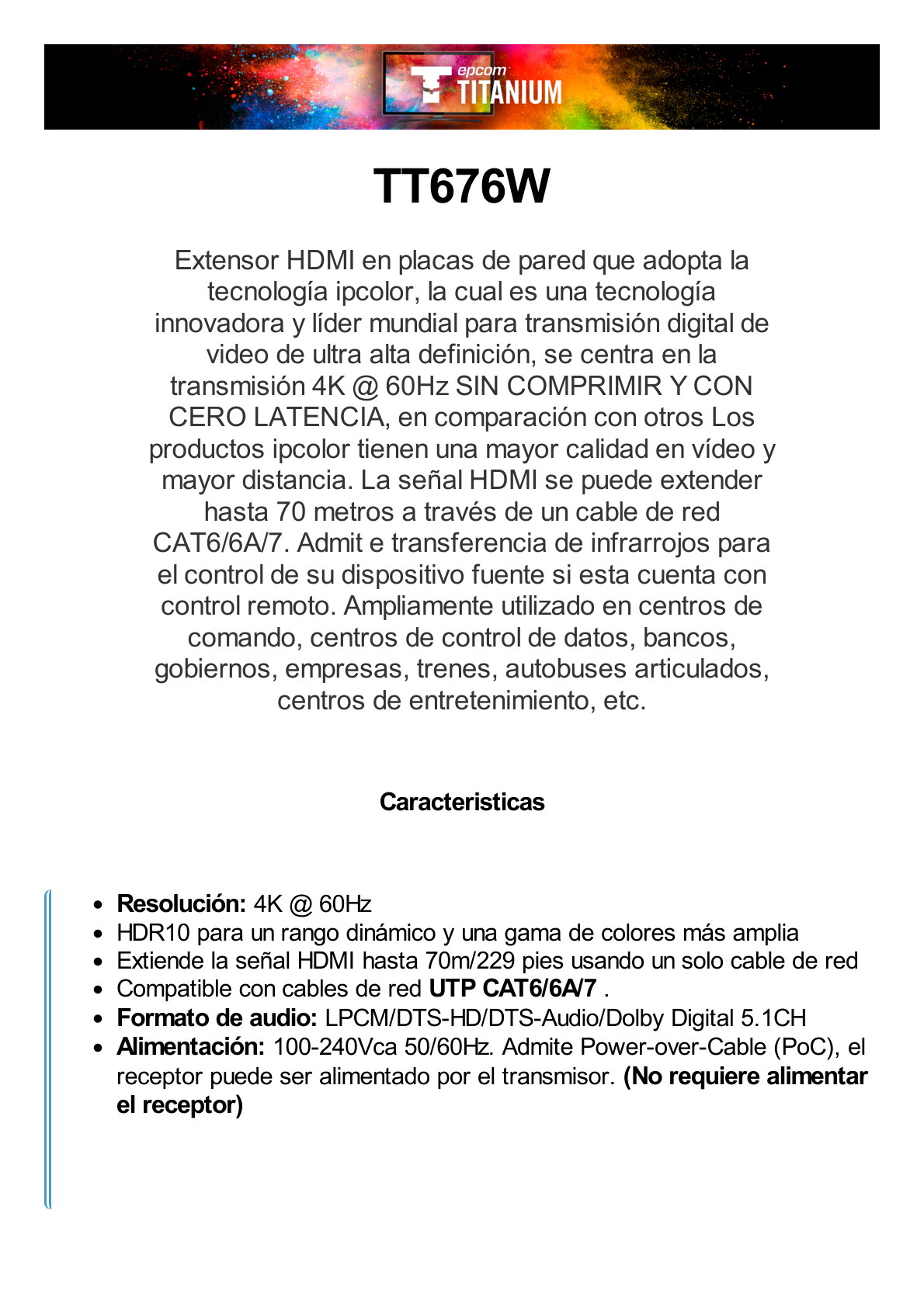 Kit Extensor HDMI en PLACAS DE PARED para distancias de 70 metros / Resolución 4K@60Hz / Cat 6/6A/ 7 / HDR/ IPCOLOR/ Cero Latencia / Soporta Control Remoto / Placa de pared de 2.74 x 4.49” (tamaño estándar de EE.UU.)