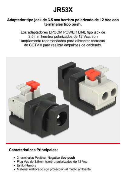 Adaptador tipo Jack de 3.5 mm Hembra Polarizado de 12 Vcc con Terminales de Presión