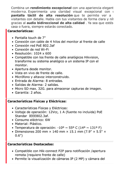 Monitor Hibrido IP WiFi Touch Screen 7" para Videoportero IP  / Vídeo en Vivo / PoE Estándar / Apertura Remota / Llamada Entre Monitores / Audio de dos vías / Policarbonato