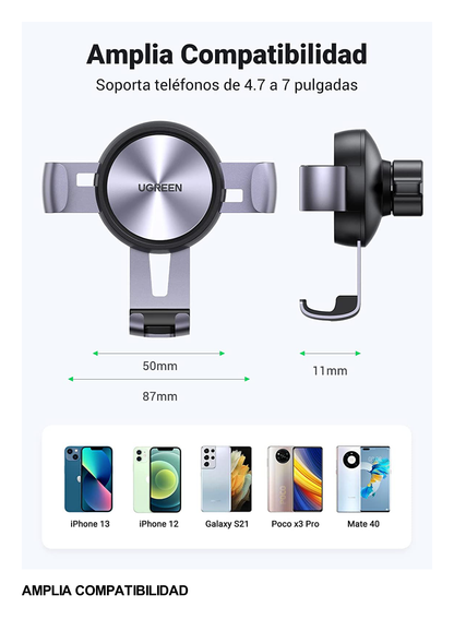 Soporte de Celular para Automóvil en Rendija de Ventilación / Sistema de Gravedad / Rotacion de 360° /Angulo Multiple / Almohadillas de Goma Antideslizantes / Amplia Compatibilidad con dispositivos de 4'' a 7'' / Color Negro